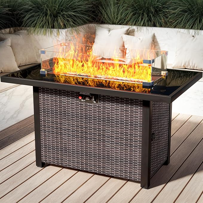 Propane Outdoor Fire Pit Table, 43" Rattan Rectangle Fire Pit Table, Outdoor Gas FirePit W/Glass Wind Guard, Tempered Glass Tabletop, Lid, CSA Listed, 60,000 BTU for Outside Patio Deck & Garden, Brown