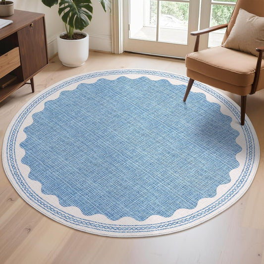 Scalloped Round Rug 4ft, Small Area Rugs Solid Blue Rug for Bedroom Girls, Washable Rugs for Living Room, Non Slip Scalloped Round Bath Mat, Soft Dorm Nursery Carpet for Bedside