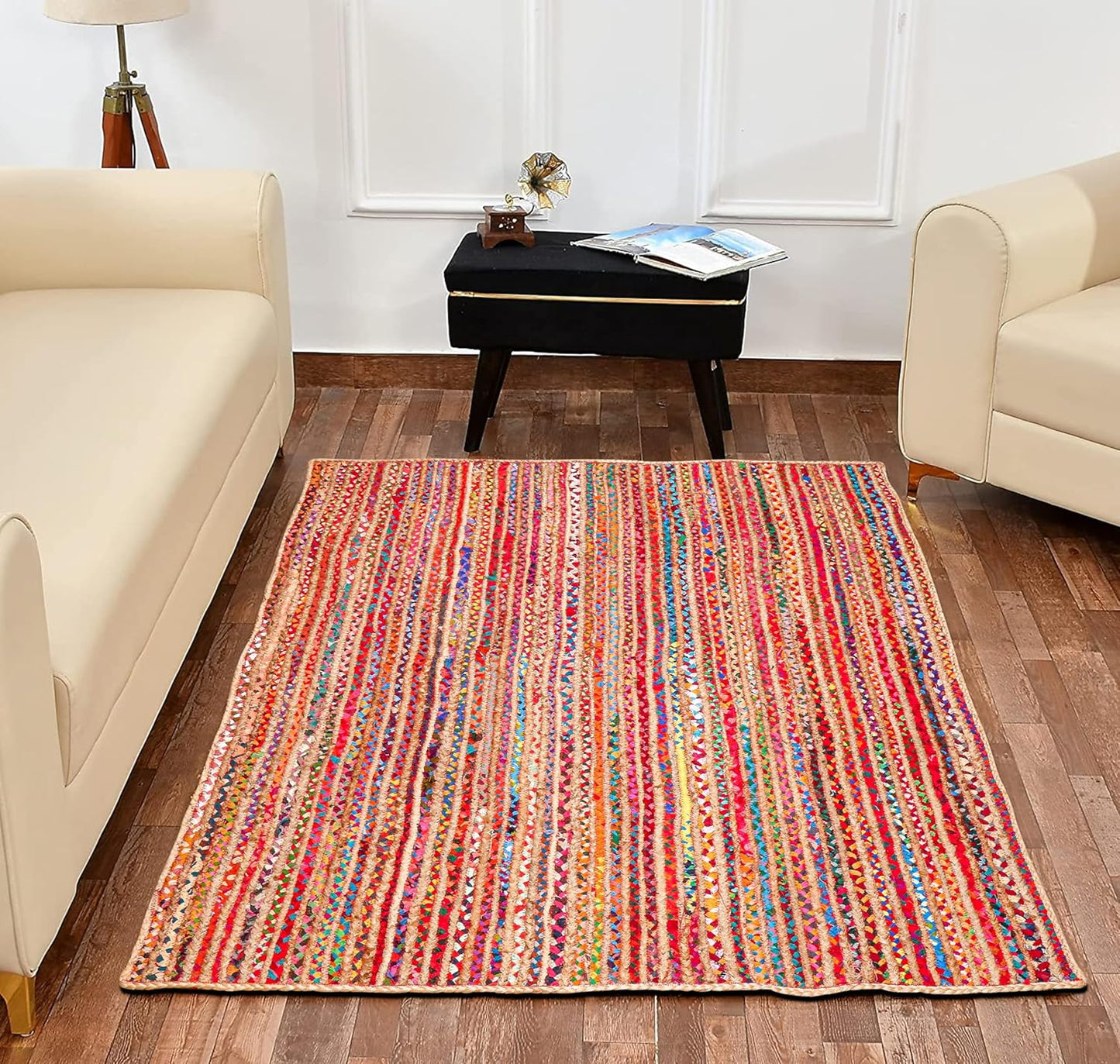 4'x6' Handwoven Jute Chindi Area Rug - Colorful Boho Rugs for Living Room - Hand Braided Multicolor Bohemian Rug for Farmhouse, Bedroom, Dining Room, Classroom, Hallway, Kitchen, Office