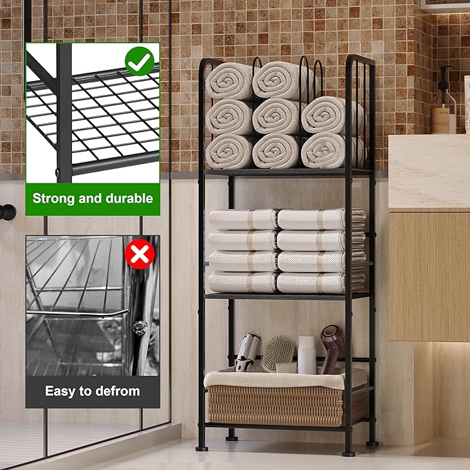 Towel Rack Free Standing 3-Tier M-Shaped Detachable Dividers, Durable Metal Holder, Pool Towel Rack, Space-Saving Towel Storage Organizer, Modern Bath Towel Shelf for Home, Poolside, Black