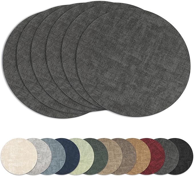 13"Round Placemats Set of 6, Reversible Faux Leather Heat Resistant Table Mats, 100% Waterproof Oilproof Wipeable Table Protective Placemats for Vinyl, Washable for Indoor & Outdoor Use (6, Deep Gray)