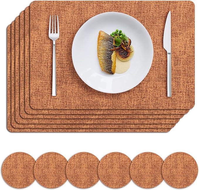MOSAYT Faux Leather Placemats Set of 6, Heat Resistant Wipeable Washable Vinyl Place Mats with Coasters, Waterproof Oil Proof Table Mats for Kitchen Dining Party Indoor Outdoor, 12" x 17", Orange