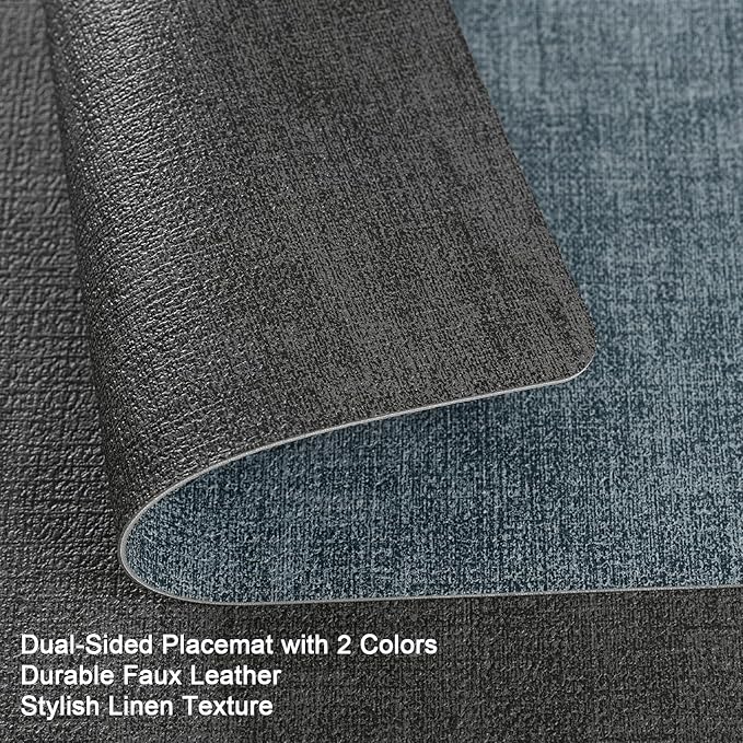 Myir JUN Dual Sided Placemats, Faux Leather Set of 6 Indoor & Outdoor Square Non-Slip Table Mats (Gray Light Blue, Set of 6)