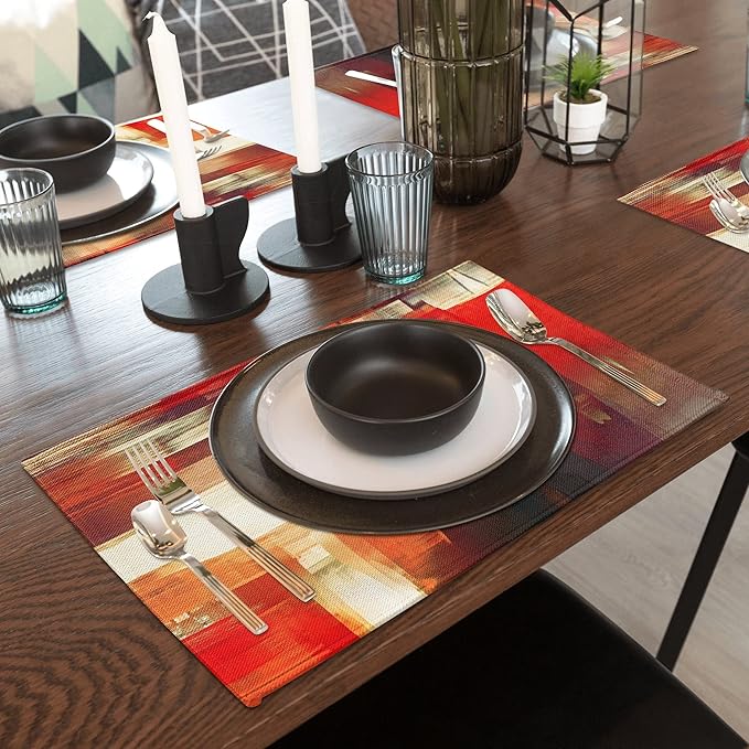 Modern Art Placemats Set of 4 Red Abstract Painting Place Mats Washable Linen Placemat for Kitchen Dining Table Home Party Banquet Decor 18x12 Inches