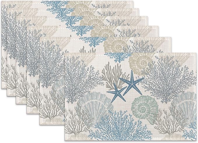 Coastal Beach Placemats Set of 6,Shell Starfish Coral Heat Resistant Table Mats Washable Place Mats for Party Kitchen Farmhouse Home Dining Holiday Decor 12x18 Inch