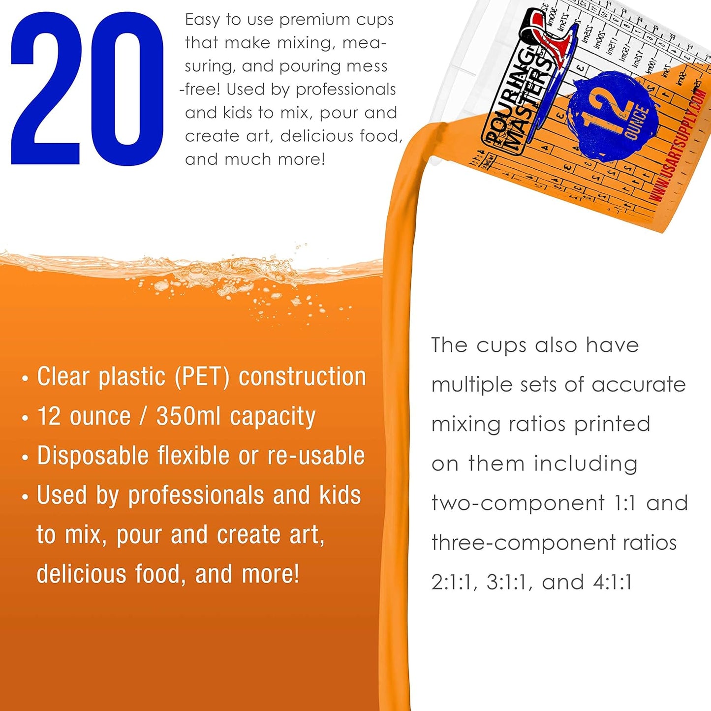 Pouring Masters 12 Ounce (350ml) Graduated Plastic Mixing Cups (Box of 20) - Paint Mixing Cups for Epoxy Resin, Art, Kitchen, Baking - Measurements in OZ and ML, 4 Different Measuring Ratios 1:1