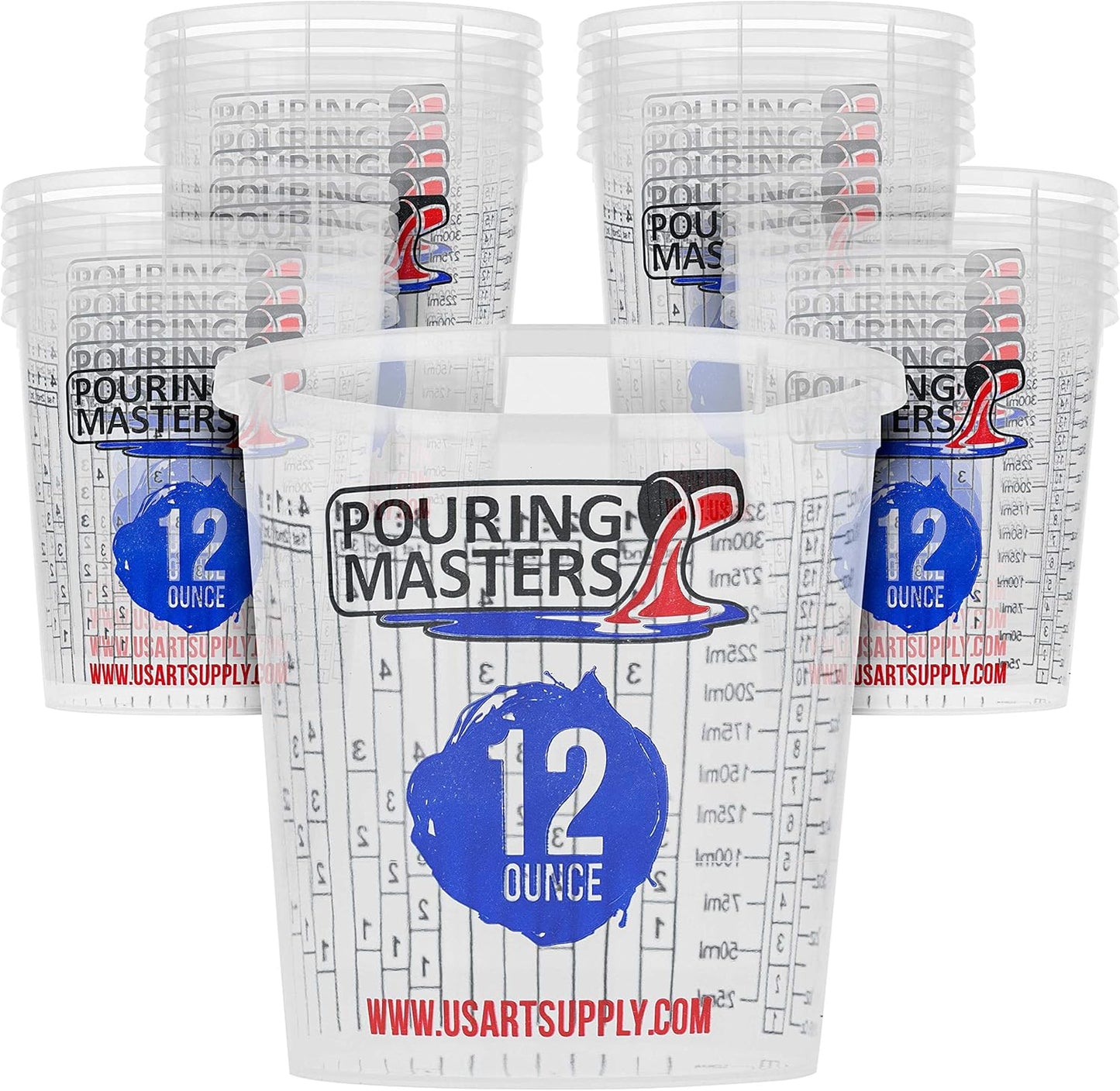 Pouring Masters 12 Ounce (350ml) Graduated Plastic Mixing Cups (Box of 20) - Paint Mixing Cups for Epoxy Resin, Art, Kitchen, Baking - Measurements in OZ and ML, 4 Different Measuring Ratios 1:1