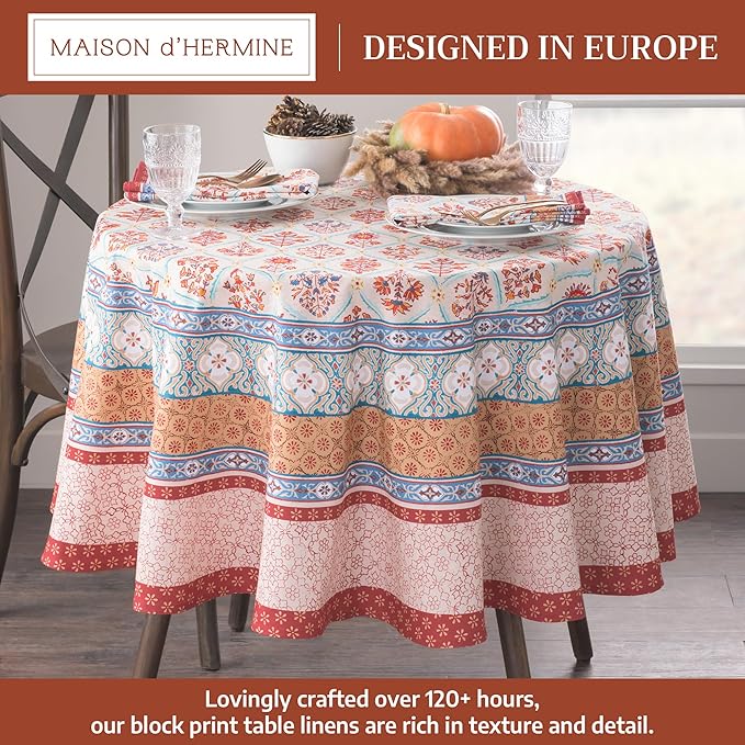 Maison d' Hermine Table Cloth Round Table 100% Cotton 63 Inches Fall Tablecloth Reusable Everyday Use for Thanksgiving Christmas Decorations Dining Farmhouse Party (Romane)