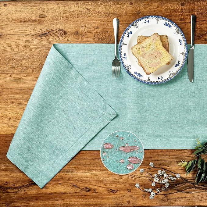 Mebakuk Linen Farmhouse Table Runner Large Burlap Style Soft and Waterproof Decorative Fabric Runner for Outdoor Wedding and Dinner (14 x 144 Inch, Turquoise Blue)