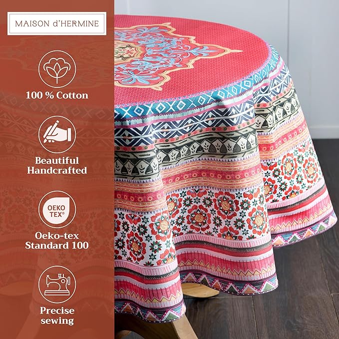 Maison d' Hermine Table Cloth Round Table 100% Cotton 69 Inches Fall Tablecloth Reusable Everyday Use for Thanksgiving Christmas Decorations Dining Farmhouse Party (Ispahan)