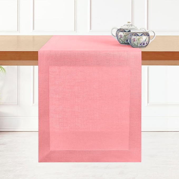 D'Moksha Homes Linen Dusty Pink Table Runner 120 Inches Long - 100% Pure Linen Dining Table Runner 14 x 120 Inch for Valentines, Holiday - Machine Washable