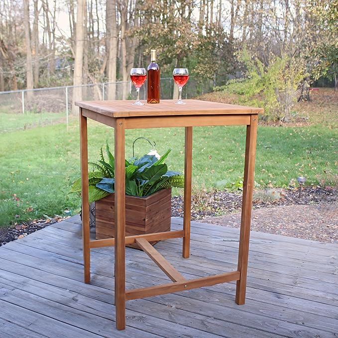 Sunnydaze 2-Person Solid Teak Wood Square Patio Bar Table - for Indoor or Outdoor Use - 31" Square x 43.5" H