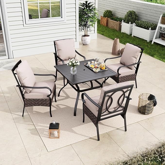 MFSTUDIO 5 Pieces Patio Dining Sets for 4, Square Metal Outdoor Table and Chairs, Heavy Duty Patio Dining Furniture for Deck, Porch