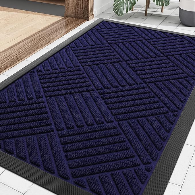 Smiry Front Door Mat Outside Entrance, Heavy Duty Outdoor Indoor Mat, Natural Rubber Doormat, Non Slip, Trap Dirt and Moisture, Easy Clean, Low Profile Patio Porch Entryway Mat, 29.5x17, Black Blue
