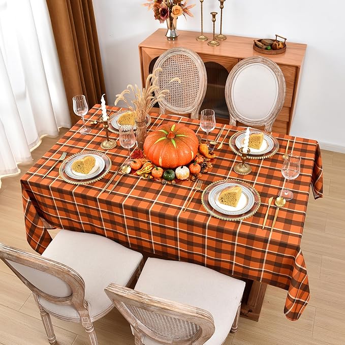 Waterproof Checkered Tablecloth Fabric - Rectangle 58x84 Inch Fall Themed Thanksgiving Day Table Cloth for Indoor/Outdoor Use - Harvest Table Cover for Kitchen, BBQs, Halloween