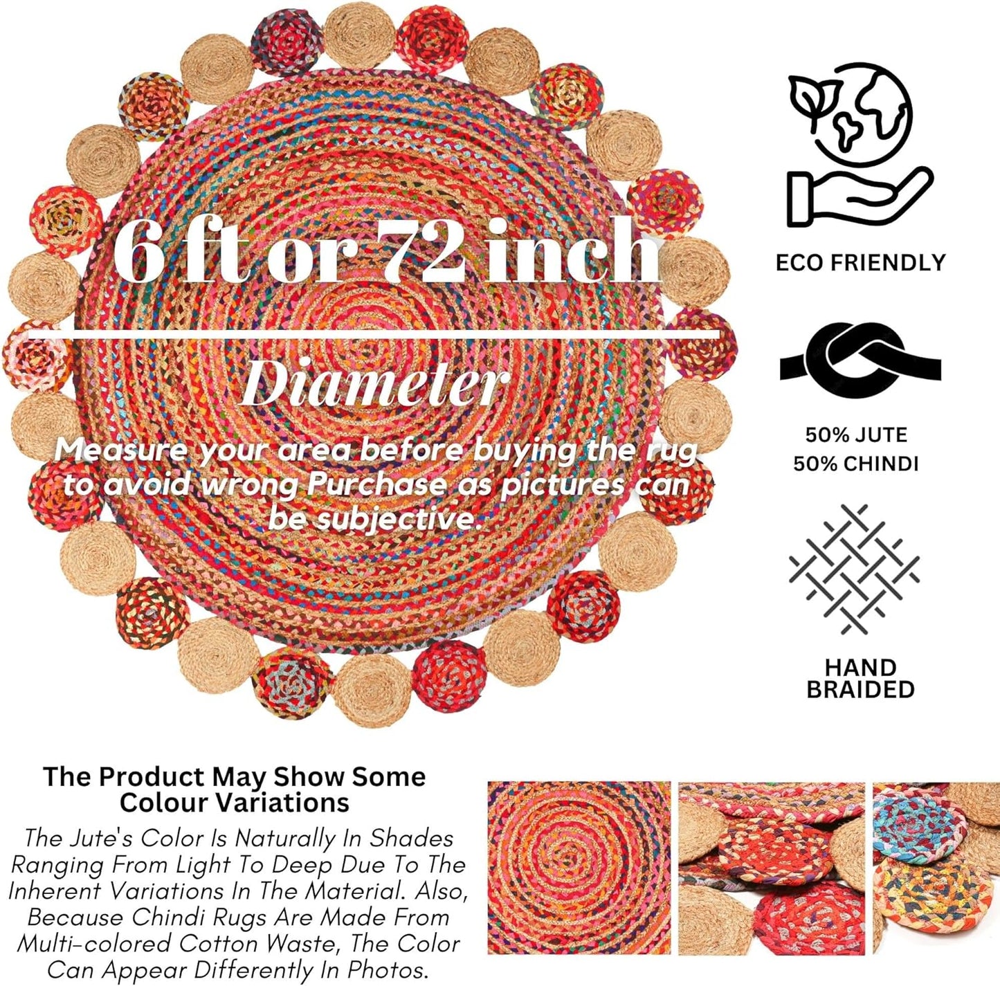 6' Round Handwoven Jute Chindi Area Rug - Colorful Boho Rugs for Living Room - Hand Braided Multicolor Bohemian Rug for Farmhouse, Bedroom, Dining Room, Classroom, Hallway, Kitchen, Office