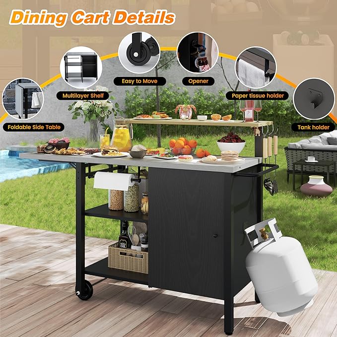 Multi-Layer Outdoor Grill Table Bar Grill Cart with Storage Cabinet, Outdoor Kitchen Island Prep Station with Foldable Side Shelf, Pizza Oven Table for Lawn & Garden