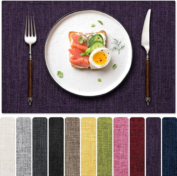 Blue Forest Placemats Set of 6, Dual-Layered Thickened Faux Linen Cloth Place Mats Heat Resistant Machine Washable Wrinkle Free Table Mats Indoor/Outdoor (Purple)