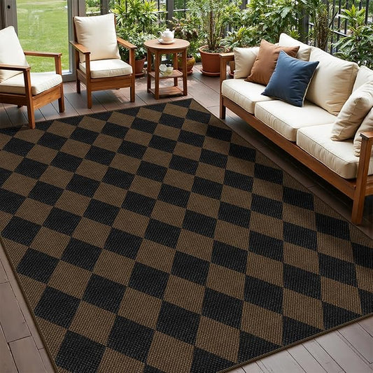Easy Jute Coffee Checkered 5x7 Area Rug, Washable Modern Rugs for Living Room Non-Slip Diamond Bedroom Rug, Neutral Farmhouse Indoor Outdoor Carpet for Patio Dining Room Classroom