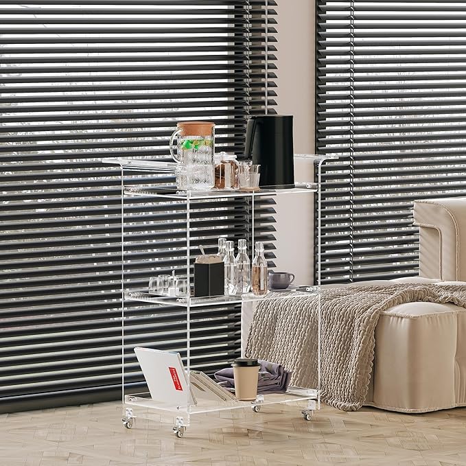 Dethan Acrylic Bar Cart – Clear 3-Tier Utility Rolling Serving Cart with Lockable Wheels, Modern Transparent Bar Cart for Home, Kitchen, Bedroom, or Office – Compact Acrylic Side Table Storage