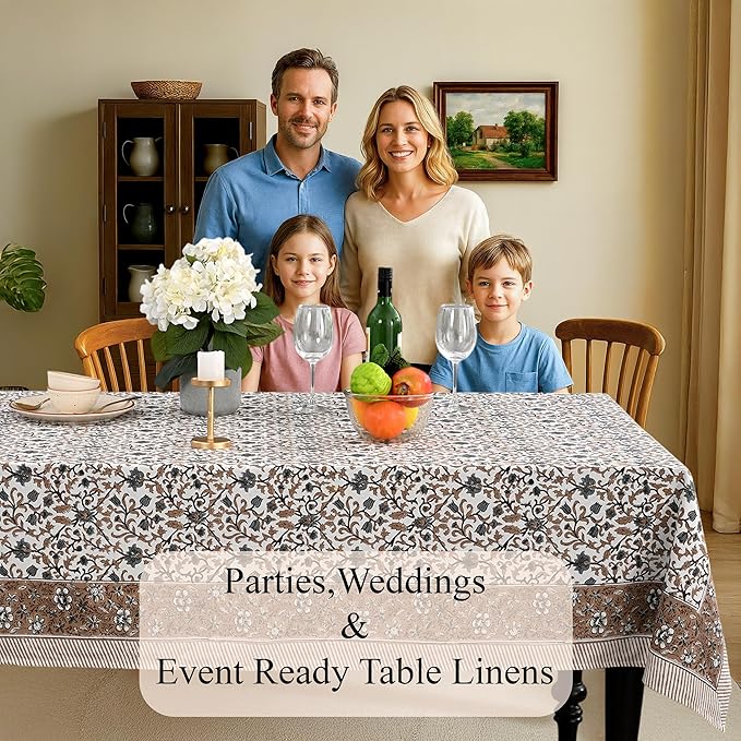 CPC Autumn Vine Tablecloth 100% Cotton 60x60 Inch Indian Block Print Rectangle Table Cover, Table Cloth for Gifting in Weddings, Halloween, Fall, Christmas, Thanksgiving