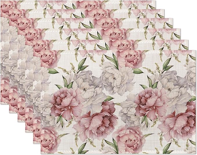 Placemats,Pink White Peony Flower Placemats 12x18 Inch Waterproof Non-Slip Washable Table Mats for Kitchen Dining Party Table Decor,Set of 6