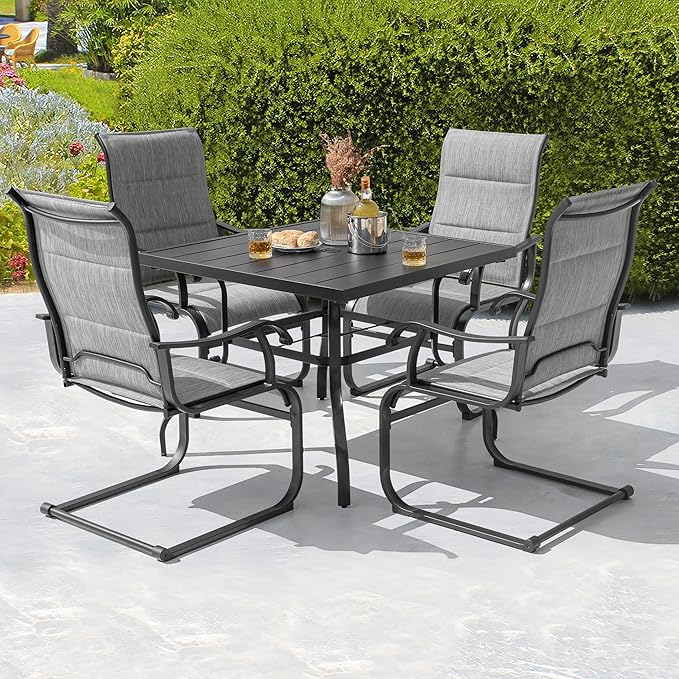 NUU GARDEN 37" Outdoor Patio Table, 4 Person Steel Slat Square Dining Table with 1.57" Umbrella Hole, Slatted Top and Powder Coated Iron Frame for Patio, Garden and Balcony, Black