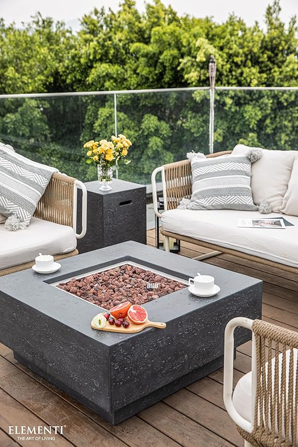 Elementi | Bundle Manhattan Gas Fire Pit Cast Concrete 36" Square Fire Table, Outdoor Fire Pit Electronic Ignition | Canvas Cover, Lava Rock Included | Dark Gray (Propane Gas)