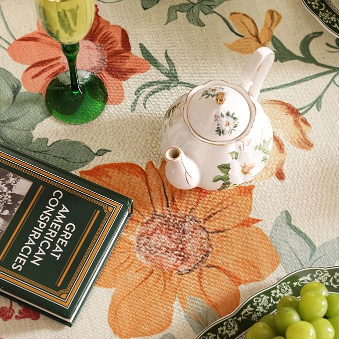 French Small Tablecloth for Rectangle Table,Linen Orange Floral Wrinkle Resistant Tablecloths,Decorative Table Cover for Kitchen,Dining,Tea Party,Thanksgiving,Christmas,55"*71"-Milch