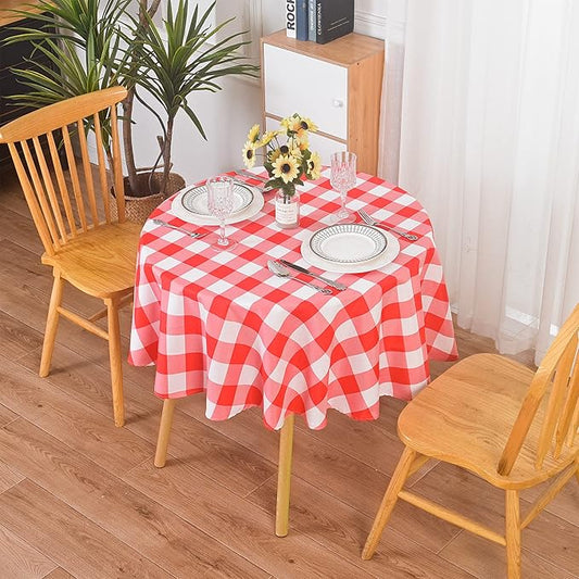 2 Pack Waterproof Polyester Fabic Round Checkered Tablecloth，60 Outdoor Table Cloth，Oil Stain Prevention Table Cloth for Pinics and Parties（Red and White）