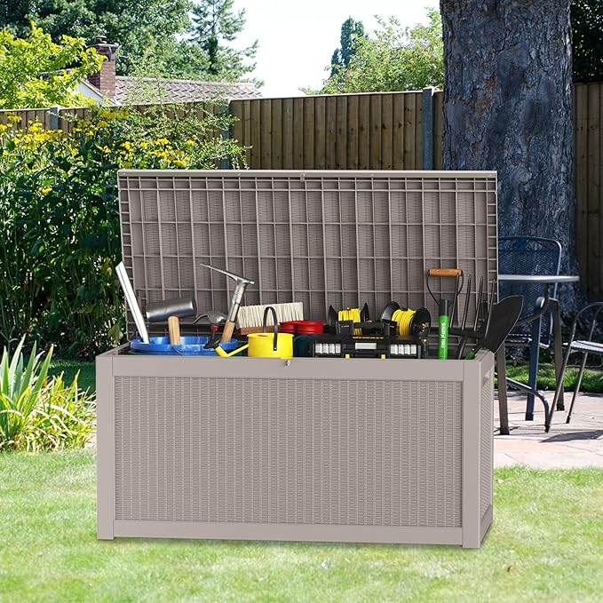 260 Gallon Outdoor Storage Box – Resin Deck Box with Lockable Lid, Waterproof Patio Furniture Storage for Tools, Garden & Yard Organization