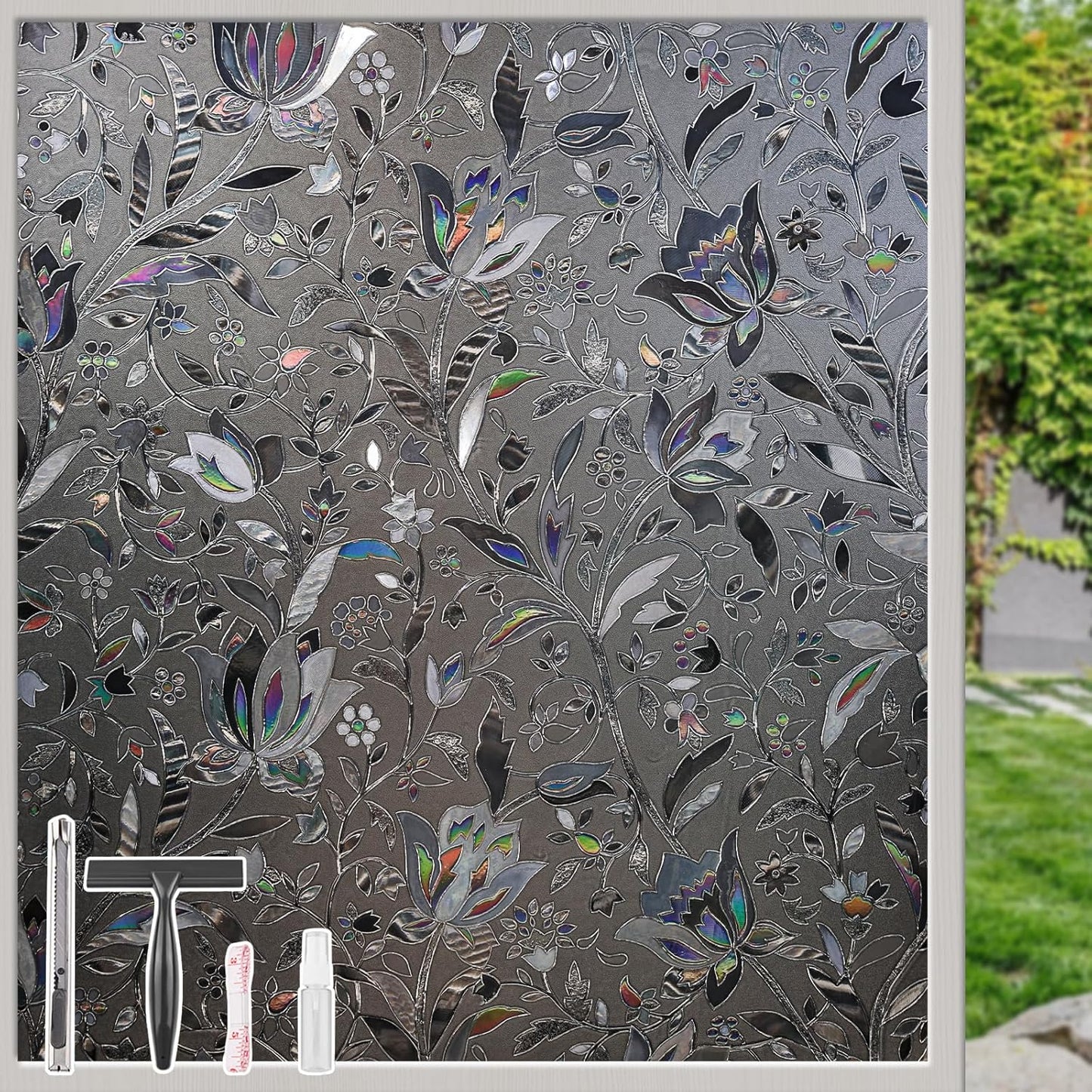 NINETREX Window Privacy Film,Decorative Window Film Frosted,Stained Glass Window Cling,Heat Blocker Non-Adhesive for Home,Grayish Black 29.5 x 78.7inch