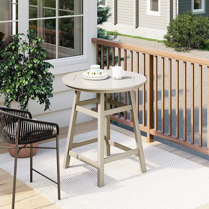 Costaelm Patio Bistro Table, 37" Counter Height Round Patio Cocktail Bar Table with Umbrella Hole, Outdoor Bistro Dining Pub Table for Front Porch Deck Backyard Garden, Sand