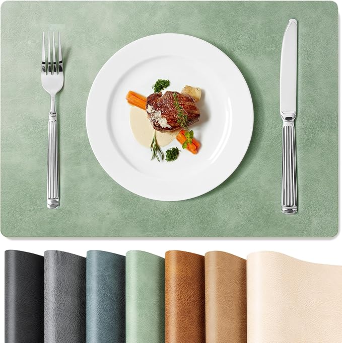Roxifina Faux Leather Placemats Set of 8 - Vinyl Placemats Wipeable Waterproof Oil-Proof PU Place Mats Heat Resistant Reversible Table Mats for Dining, Kitchen, Outdoor, 12 x 17 Inch (Green)