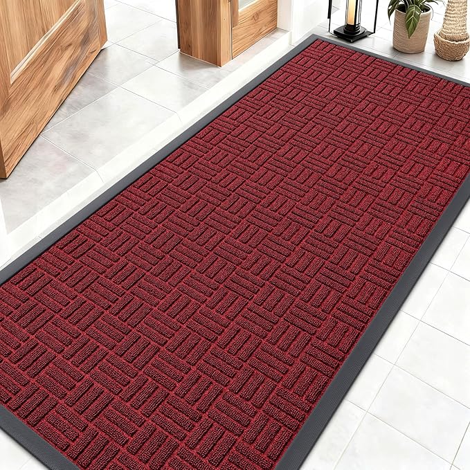 OLANLY Front Door Mat Outside Entrance 59x23, Absorbent, Heavy Duty Sturdy Natural Rubber Doormat Indoor Outdoor, Non-Slip, Stain and Fade Resistant, Low Profile Floor Mat for Entryway, Black Red