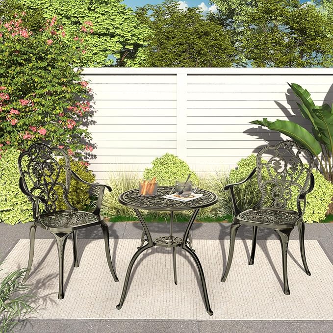 Patio Bistro Set of 2, Cast Aluminum, Outdoor Set w/Umbrella Hole, 3 Piece Table and Chairs Set, Bistro Set for Backyard/Garden/Lawn, Golden Bronze
