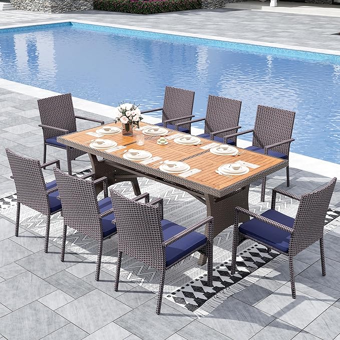 Sophia & William 9 Piece Patio Dining Set, Patio Table and Chairs Set Outdoor Dining Set for 8, Acacia Wood Patio Dining Table Set with PE Rattan Wicker Chairs for Garden, Porch, Backyard
