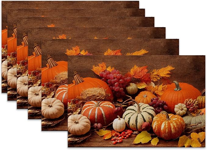 Orange Pumpkins Linen Placemats Set of 6,12x18 Inch Fall Thanksgiving Washable Table Mats Heat Resistant Place Mats for Home Party Kitchen Dining Decoration