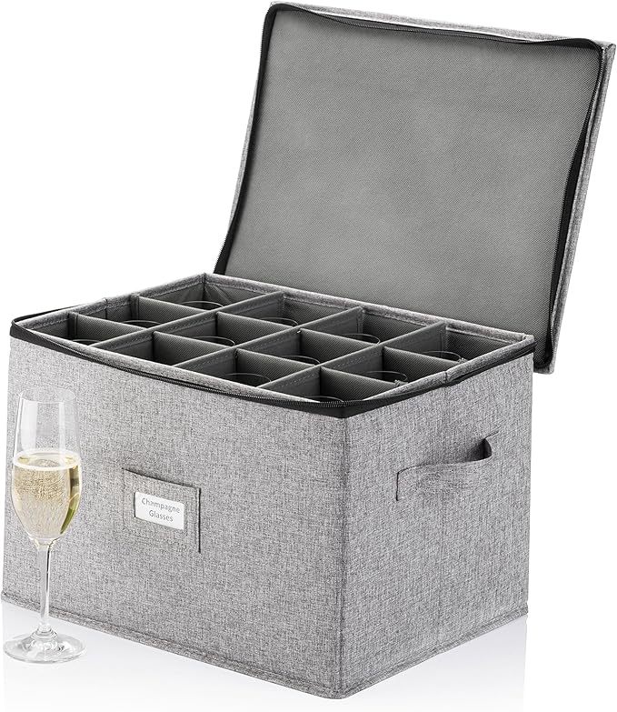 Champagne Flute Storage Box - Hard Shell China Storage Holds 12 Stemware Glasses - Protects Flutes, Crystal Glass, Wine Glasses and Fine China - Stackable - Fully Padded Inside