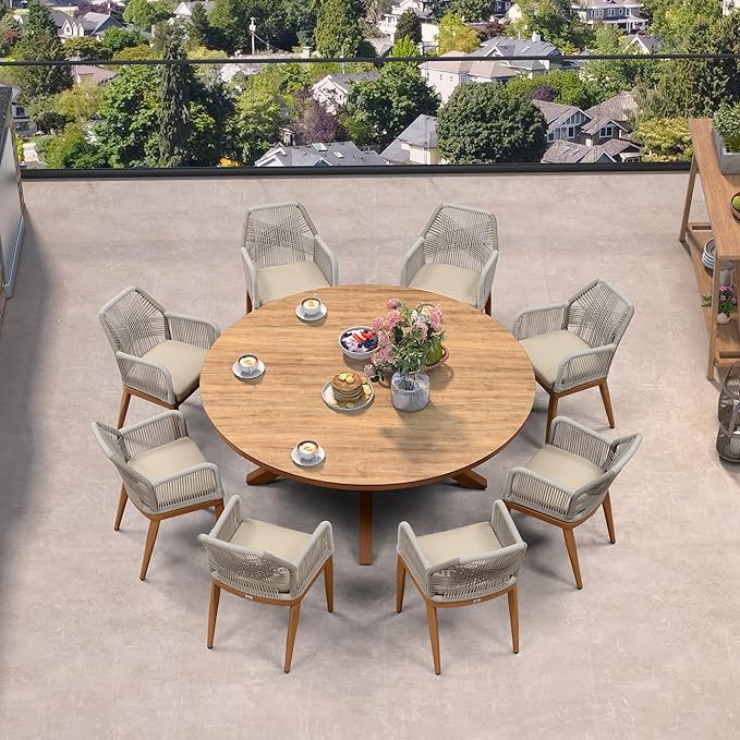 PURPLE LEAF 9 Pieces Patio Round Dining Set Aluminum Round Table and Rattan Arm Chairs with Cushions for Kitchen Porch Garden Modern Outdoor Furniture Sets