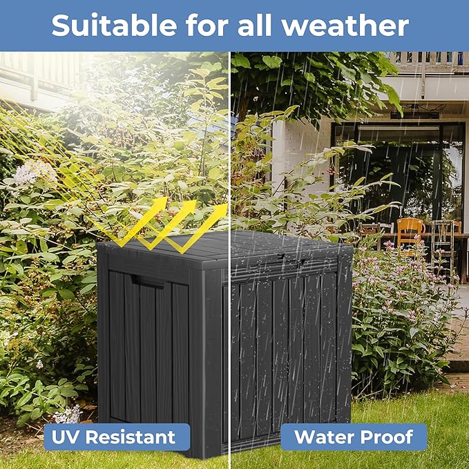 35 Gallon Resin Deck Box, Waterproof Outdoor Storage Box for Patio, Poolside, and Garden, Lockable UV-Resistant Storage Bin Bench Cabinet for Small Spaces, Black