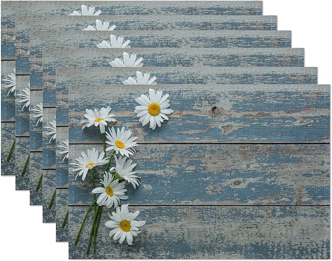 Vintage Blue Wood Panel Placemats Set of 6,White Daisy Table Mats Non-Slip Heat Resistant Washable Placemat for Party Kitchen Dining Table Decoration Indoor Outdoor