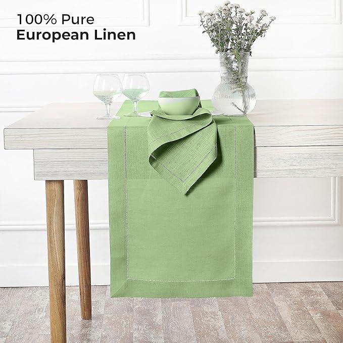 D'Moksha Homes Linen Sage Green Table Runner 48 Inches - Classic Hemstitch, 100% Pure Linen Coffee Table Runner 14 x 48 Inch Ideal for Dresser Tables - Spring, St Patricks Day, Easter