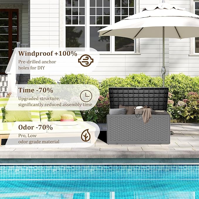 80 Gallon Pro Resin Deck Box, Waterproof Outdoor Storage Bin for Patio, Poolside, and Garden, Lockable & UV-Resistant, Black