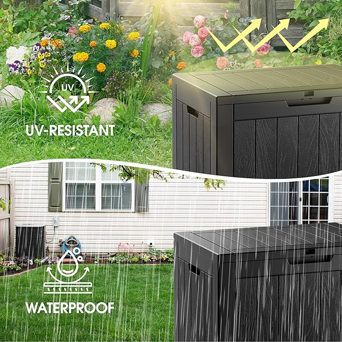 KAMABOKO Deck Box, 35 Gallon Resin Indoor and Outdoor Storage Boxes Waterproof for Garden Tools, Patio Accessories Storage Bench, Patio Furniture and Cushions with Lockable Lid, Black