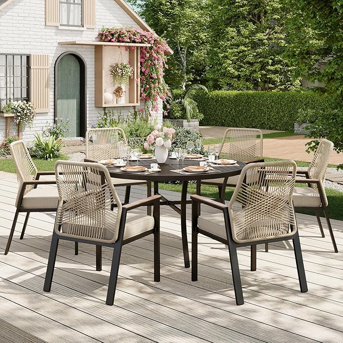7 Pieces Round Outdoor Dining Set for 6, Patio Dining Set Wicker Rattan Chairs with Soft Cushion and 54" Round Table with Umbrella Hole, Round Patio Table and Chairs for Backyard Porch