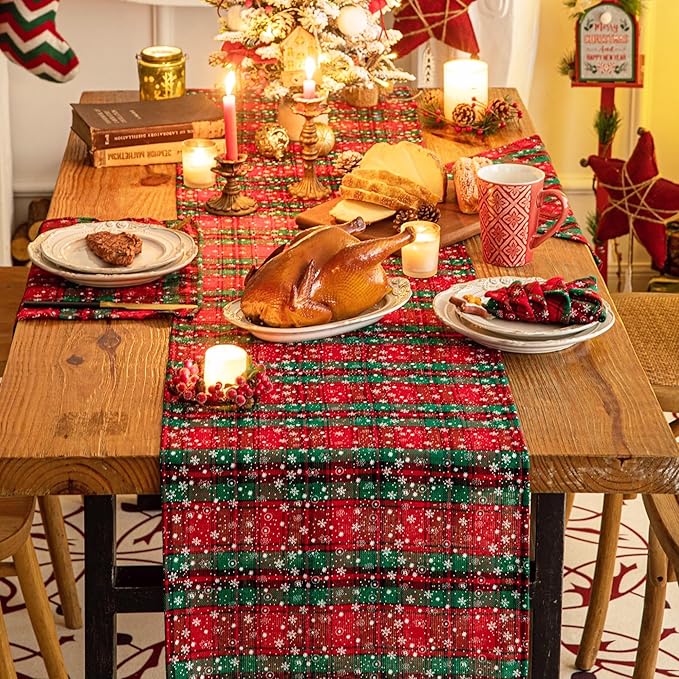 Green Red Plaid Snowflake Christmas Table Runner, Winter Holiday Table Runners 72 inches Long Xmas Decorations Indoor Outdoor Farmhouse Home Kitchen Dining Party Decor