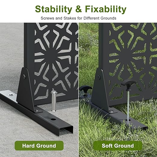 Casaphoria 72" H x 47" W Metal Outdoor Privacy Screen, Freestanding Decorative Divider for Patio, Deck, Balcony, and Garden with Stable Base, Black Gene