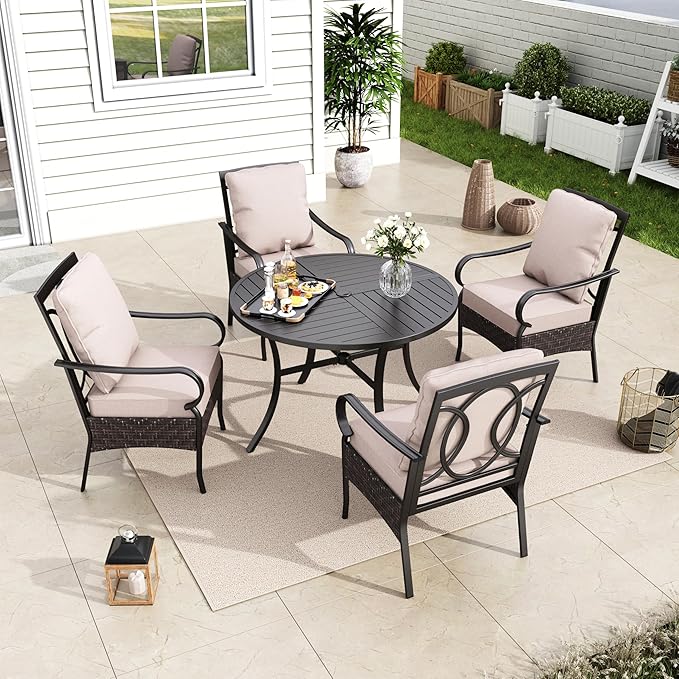 MFSTUDIO 5 Piece Outdoor Dining Set, 42'' Outdoor Round Table and Chairs, Heavy Duty Patio Dining Furniture Metal Table Set for 4 with Cushioned Chairs, Porch, Backyard