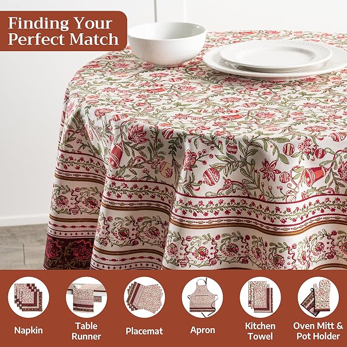 Maison d' Hermine Table Cloth Round Table 100% Cotton 63 Inches Fall Tablecloth Reusable Everyday Use for Thanksgiving Christmas Decorations Dining Farmhouse Party (Reveillon Au Jardin)
